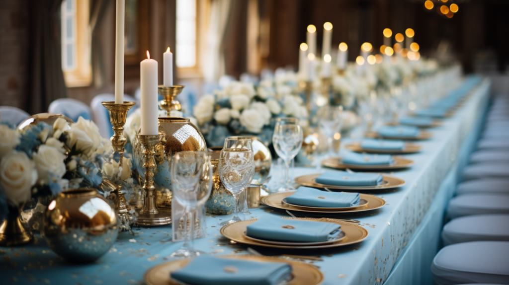 A beautiful blue and gold wedding setting